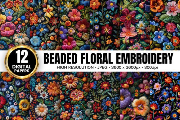 Beaded Floral Embroidery Digital Papers