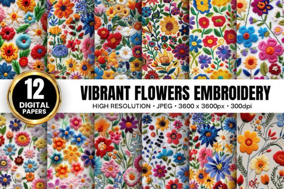 Vibrant Flowers Embroidery Digital Paper